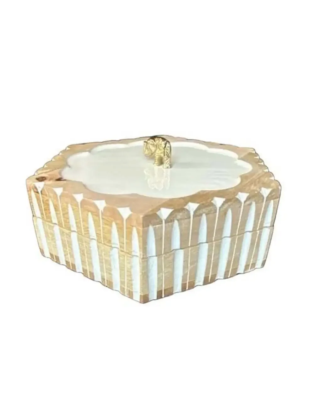 Carved Mango Wood and Enamel Hexagonal Storage Box with Brass Elephant Handle